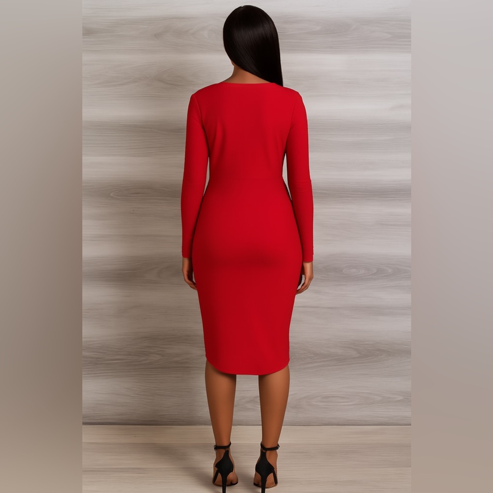 IPONA Elegant Faux Wrap Red High Low Midi Dress Size M - Picture 4 of 7